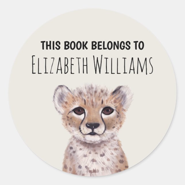 Cute Cheetah Cub Personalized Name School  Classic Round Sticker (Front)