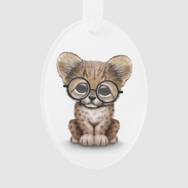 Cute Cheetah Cub Wearing Glasses on White Ornament (Front)