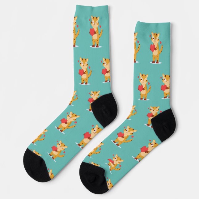 Cute Cheetah holding heart design on socks (Left)