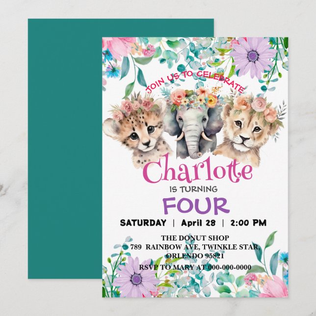 Cute cheetah Lion jungle Animals Birthday Floral Invitation (Front/Back)