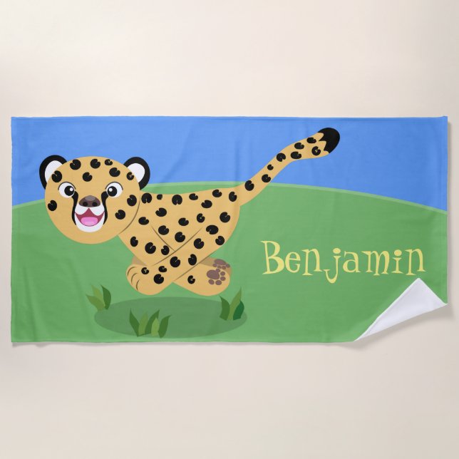 Cute cheetah running cartoon illustration beach towel (Front)