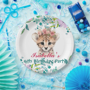 cute Cheetah zoo animals jungle Floral Birthday Paper Plate