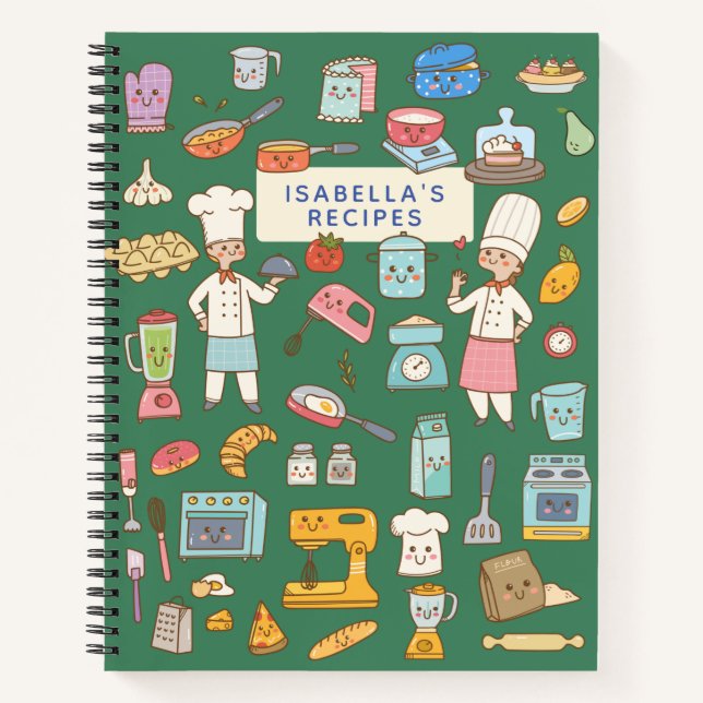 Cute Chef Cartoon Green Personalized Recipe Notebook (Front)