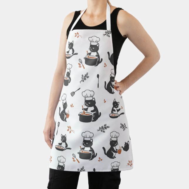 Cute Chef Cat Black and White Pattern Apron (Insitu)