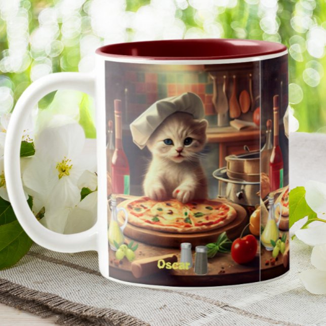 Cute chef Cat Making Pizza Personalized Name Two-Tone Coffee Mug (Creator Uploaded)