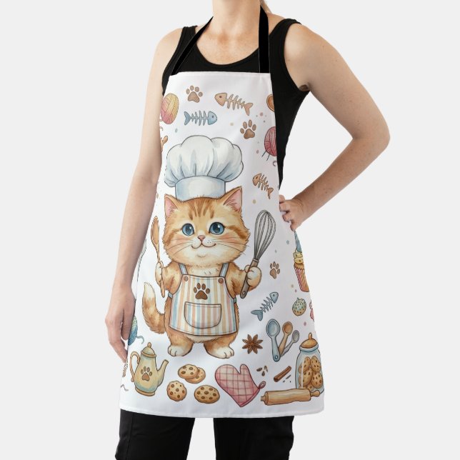 Cute Chef Cat Watercolor Apron – Whimsical Kitty  (Insitu)