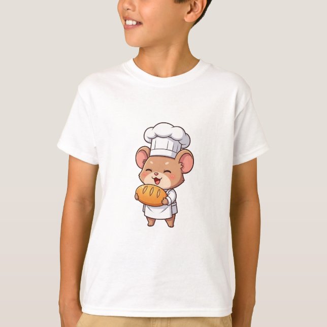 Cute Chef Mouse Holding Fresh Bread Kids T-Shirt (Front)