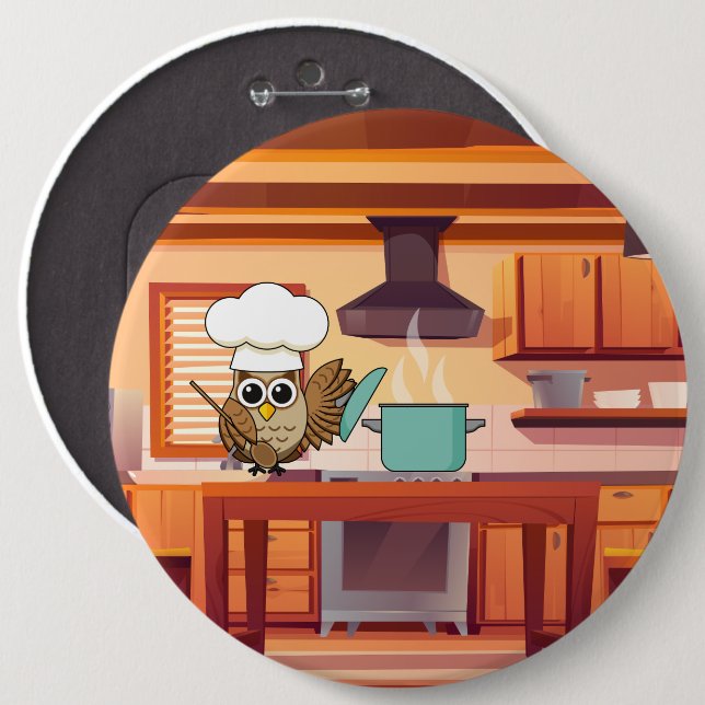 Cute Chef Owl Cooking in Kitchen 6 Inch Round Button (Front & Back)