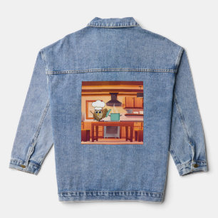 Cute Chef Owl Cooking in Kitchen Denim Jacket