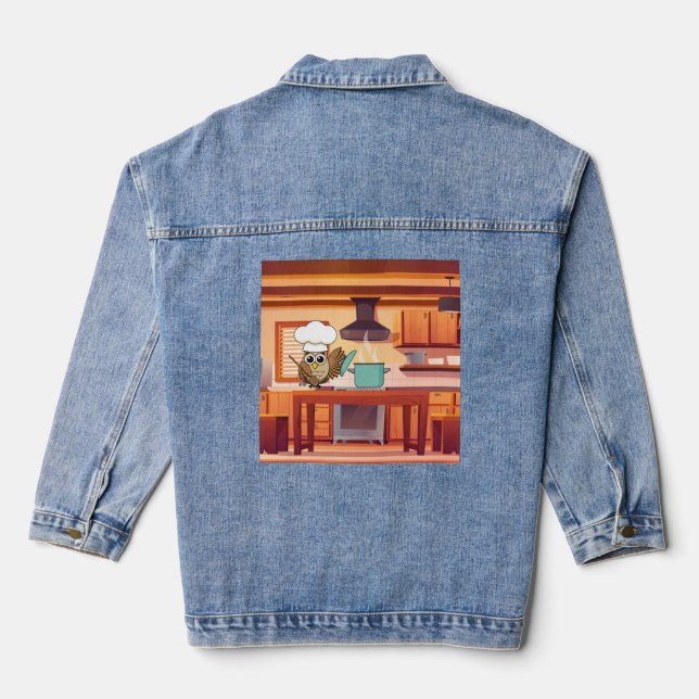 Cute Chef Owl Cooking in Kitchen Denim Jacket (Back)