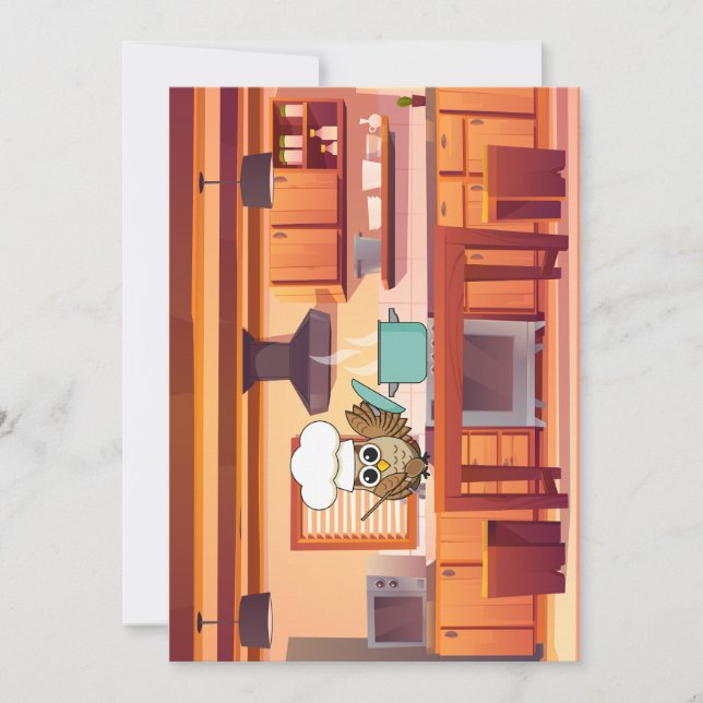 Cute Chef Owl Cooking in Kitchen Holiday Card (Front)