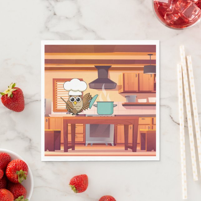 Cute Chef Owl Cooking in Kitchen Napkin (Insitu)