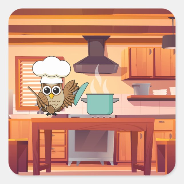 Cute Chef Owl Cooking in Kitchen Square Sticker (Front)