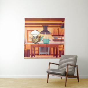 Cute Chef Owl Cooking in Kitchen Tapestry