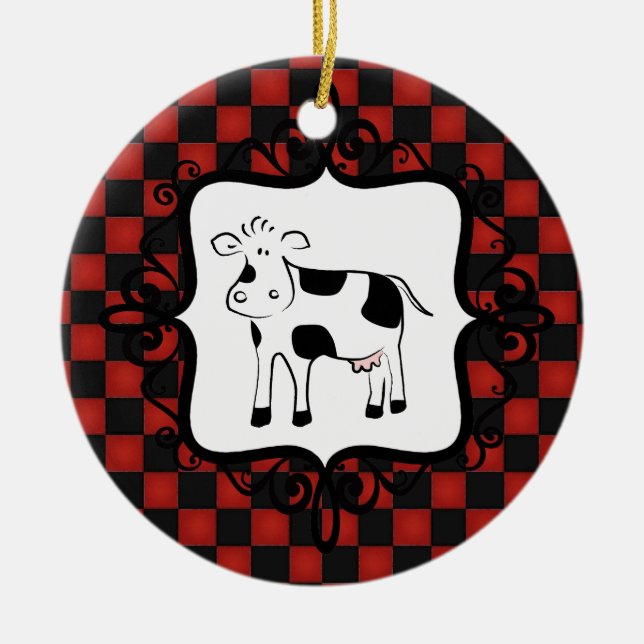 Cute Chequerboard Cow Whimsical Animal Ceramic Ornament (Front)