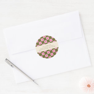 Cute Chequerboard Flower Green Pink Return Address Classic Round Sticker