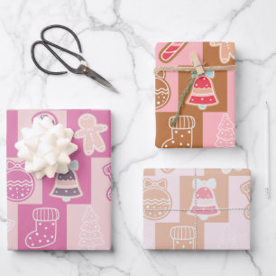 Cute Chequerboard Holiday Pink and Brown Christmas Wrapping Paper Sheet