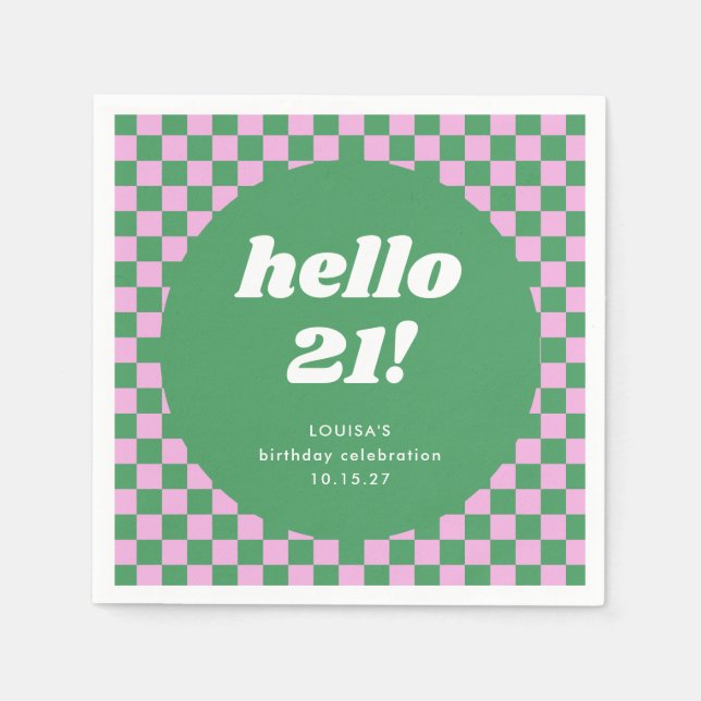 Cute Chequerboard Pink Green 21st Birthday Custom Napkin (Front)
