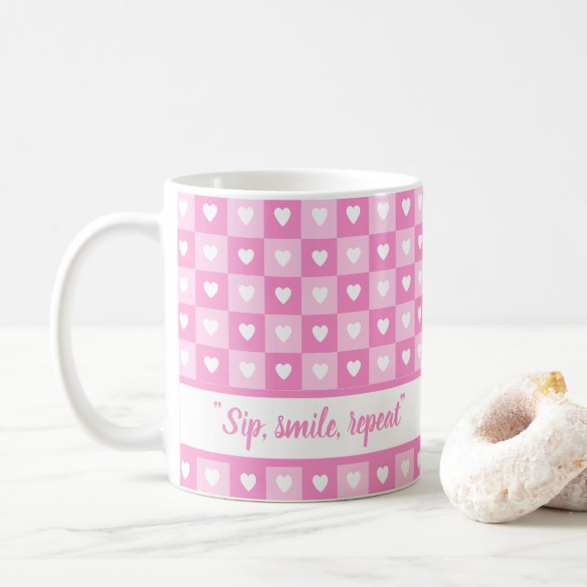 Cute chequered hearts patterned pink custom name coffee mug (With Donut)