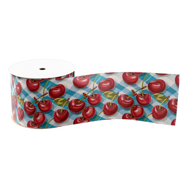 Cute Cherries and Blue Plaid Pattern  Grosgrain Ribbon (Spool)
