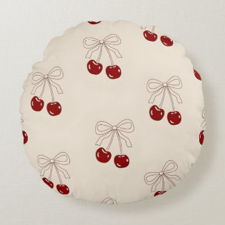 Cute Cherries & Bow Round Pillow – Girly Aesthetic