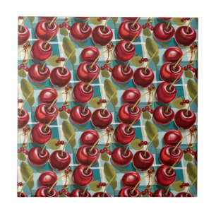 Cute Cherries Checkered Plaid Pattern  Tile