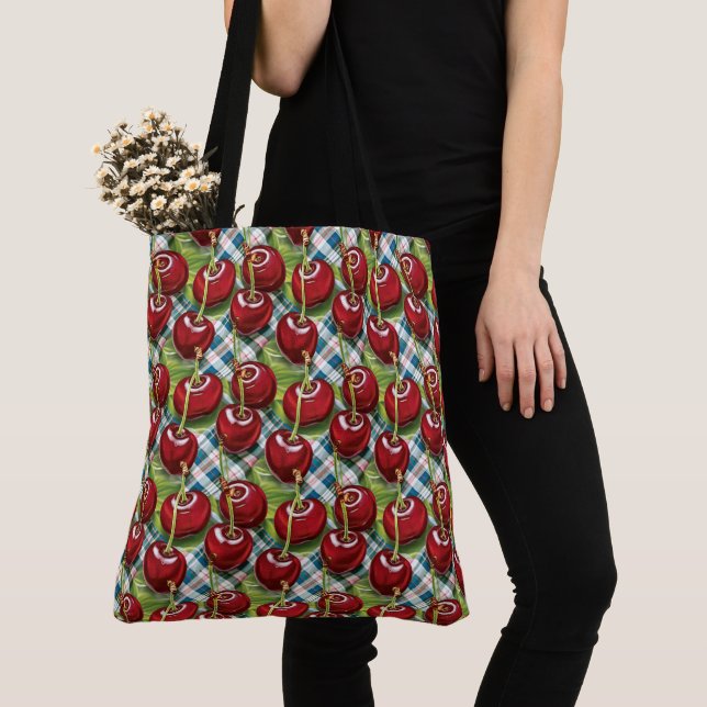 Cute Cherries Chequered Mid-Century Tote Bag (Close Up)