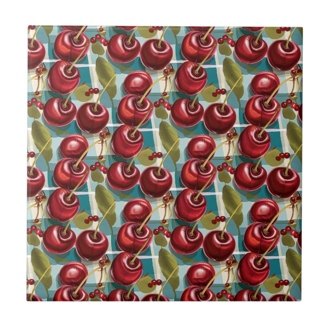 Cute Cherries Chequered Plaid Pattern  Tile (Front)