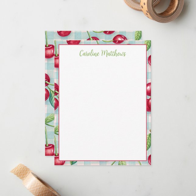 Cute Cherries on Aqua Gingham Plaid Card (Front/Back In Situ)