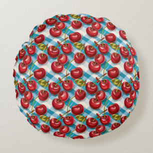 Cute Cherry and Blue Plaid Pattern Round Pillow