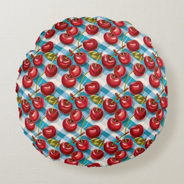 Cute Cherry and Blue Plaid Pattern  Round Pillow (Front)