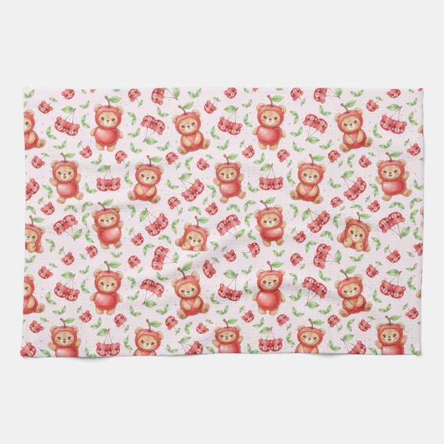 Cute Cherry Bear and Fruit Seamless Pattern Kitchen Towel (Horizontal)