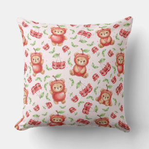 Cute Cherry Bear and Fruit Seamless Pattern Throw Pillow