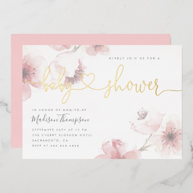 Cute Cherry Blossom Gold Script Floral Baby Shower (Front/Back)