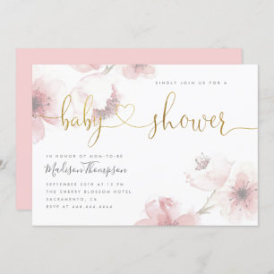 Cute Cherry Blossom Gold Script Floral Baby Shower Invitation