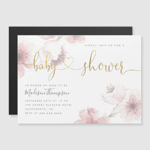 Cute Cherry Blossom Gold Script Floral Baby Shower Magnetic Invitation