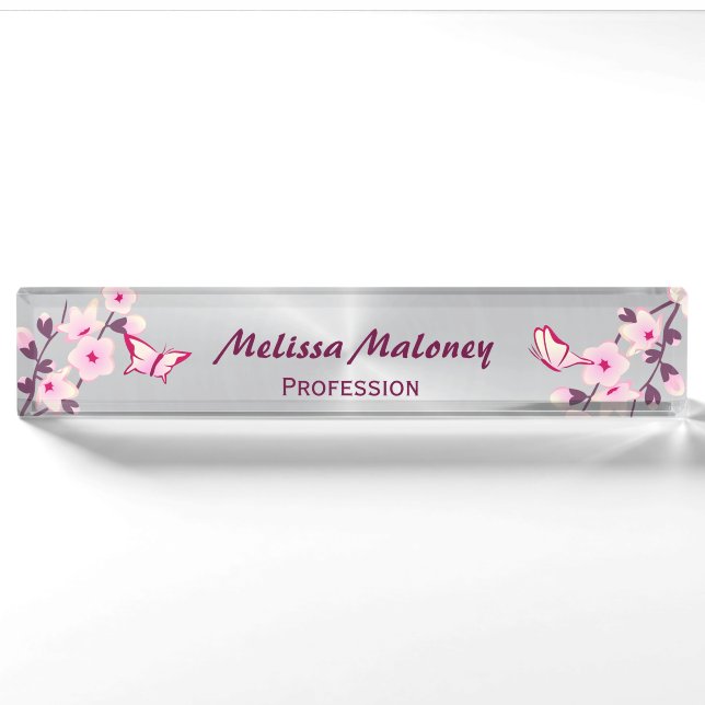 Cute Cherry Blossoms And Butterflies Pink Silver Nameplate (Front)