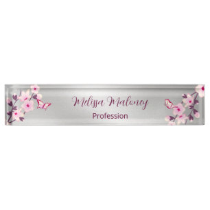 Cute Cherry Blossoms And Butterflies Pink Silver Nameplate
