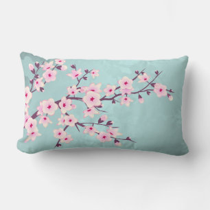Cute Cherry Blossoms Pink Turquoise Lumbar Pillow