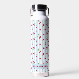 Cute Cherry Blue Stripes Retro Personalized Water Bottle