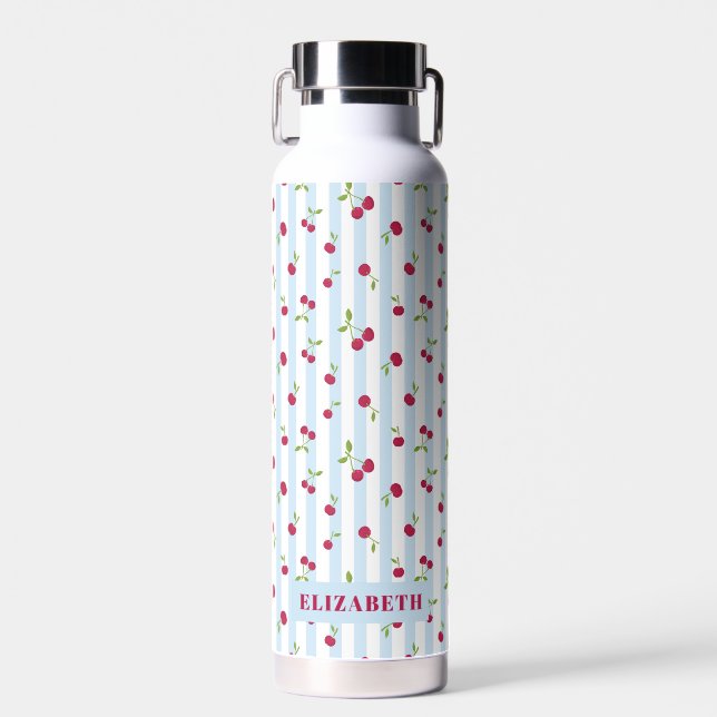 Cute Cherry Blue Stripes Retro Personalized Water Bottle (Front)