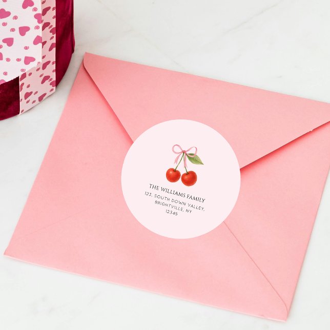 Cute Cherry Bow Coquette return address  Classic Round Sticker (Cute Cherry Bow Coquette return address Classic Round Sticker)