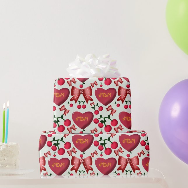 Cute Cherry Bow Mom Pattern Mother's Day Aesthetic Wrapping Paper (Party Gifts)
