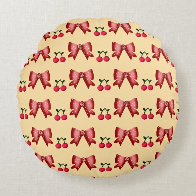 Cute Cherry Bow Seamless Pattern Pink Aesthetic Ka Round Pillow (Front)