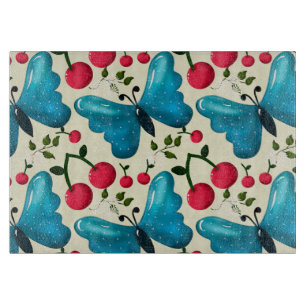 Cute Cherry Butterfly Pattern, Glossy Kawaii Fruit Cutting Board