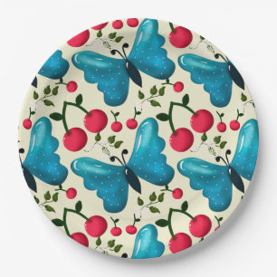 Cute Cherry Butterfly Pattern, Glossy Kawaii Fruit Paper Plate
