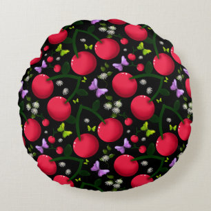 Cute Cherry Butterfly Pattern, Glossy Kawaii Fruit Round Pillow