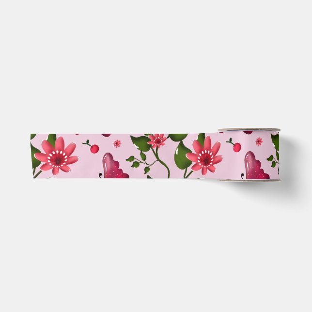 Cute Cherry Butterfly Pattern, Glossy Kawaii Fruit Satin Ribbon (Front)