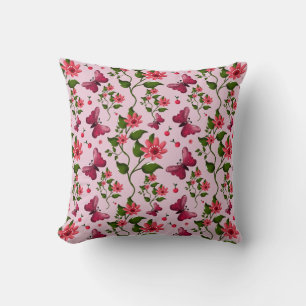 Cute Cherry Butterfly Pattern, Glossy Kawaii Fruit Throw Pillow