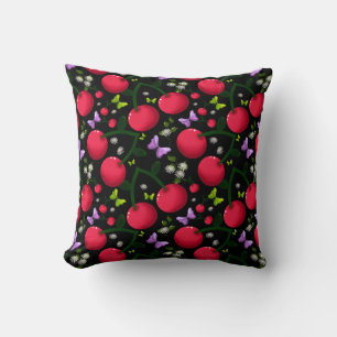 Cute Cherry Butterfly Pattern, Glossy Kawaii Fruit Throw Pillow